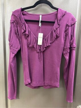 Anthropologie Dark Purple Ruffled Long Sleeve Top NWT